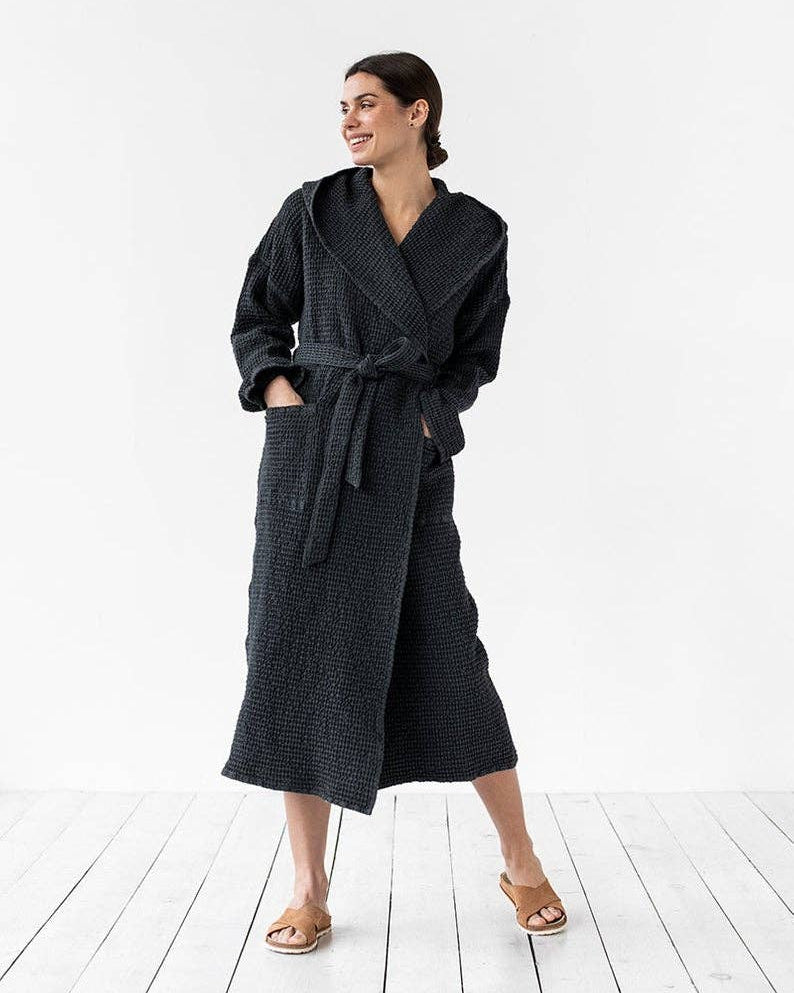 MagicLinen ::  Waffle Linen Robe, Dark Grey