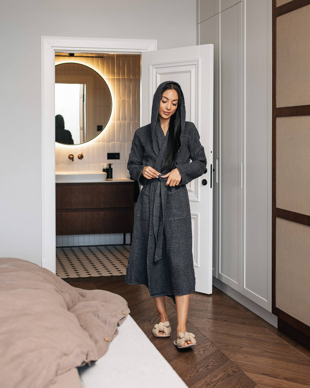MagicLinen ::  Waffle Linen Robe, Dark Grey