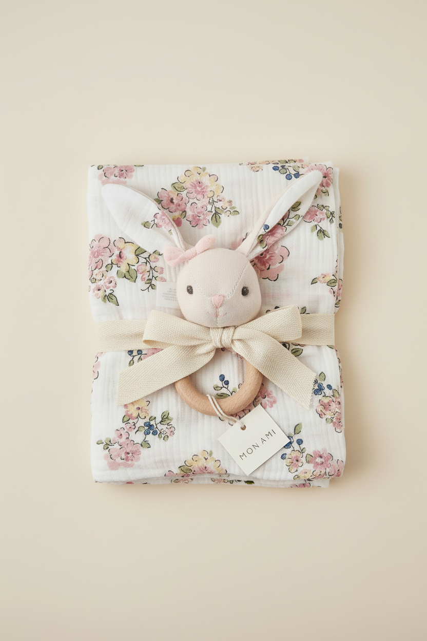 Mon Ami :: Parisian Floral Swaddle and Petit Bunny Rattle Gift Set