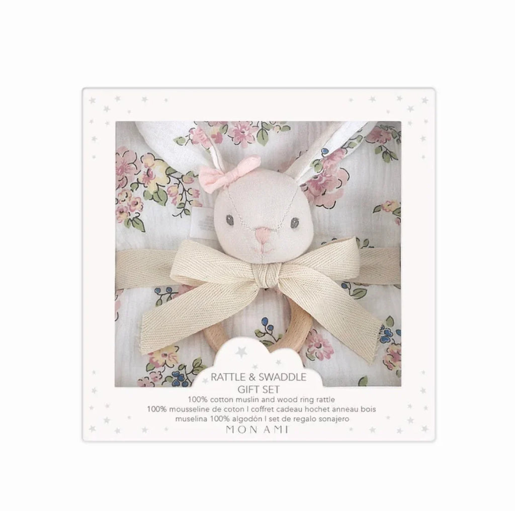 Mon Ami :: Parisian Floral Swaddle and Petit Bunny Rattle Gift Set