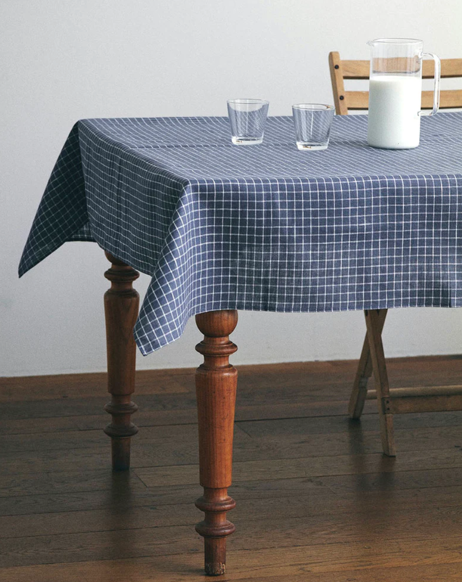 Fog Linen :: Table Cloth, Grey/Blue White Plaid 51" x 71"