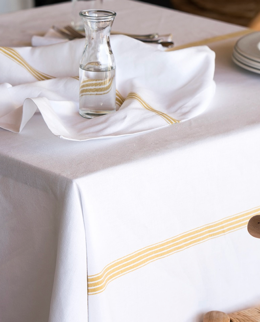 Mungo :: White Tablecloth w/ Yellow Stripe