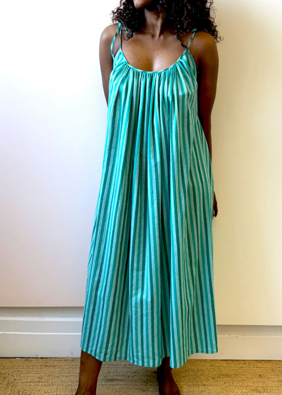 Two :: Shoulder Tie Dress, Emerald Stripe
